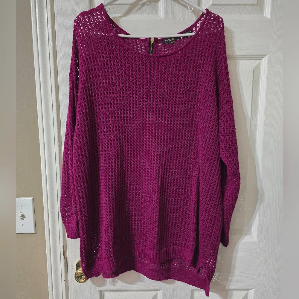 Jeanne Pierre Woman Open Knit Slouchy Fit Crewneck Sweater in Cranberry, 2X, EUC